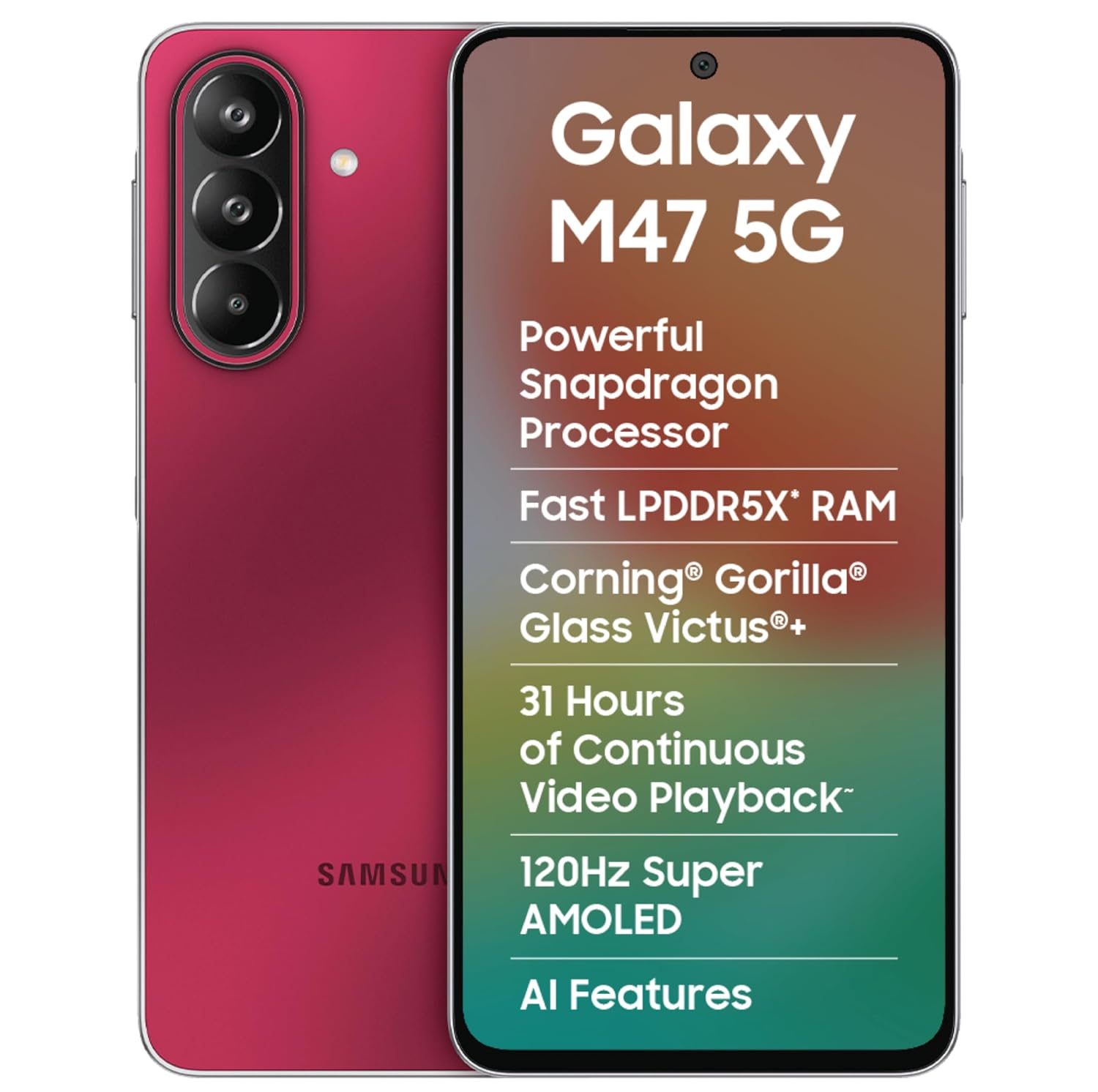 Samsung Galaxy M47 5G Mobile (Rogue Red, 8GB RAM, 128GB Storage, 6000mAh Battery)| 50MP OIS| Snapdragon Processor| LPDDR5X RAM,UFS 3.1 Storage| Gorilla Glass Victus+| sAMOLED| Knox Security| AI
